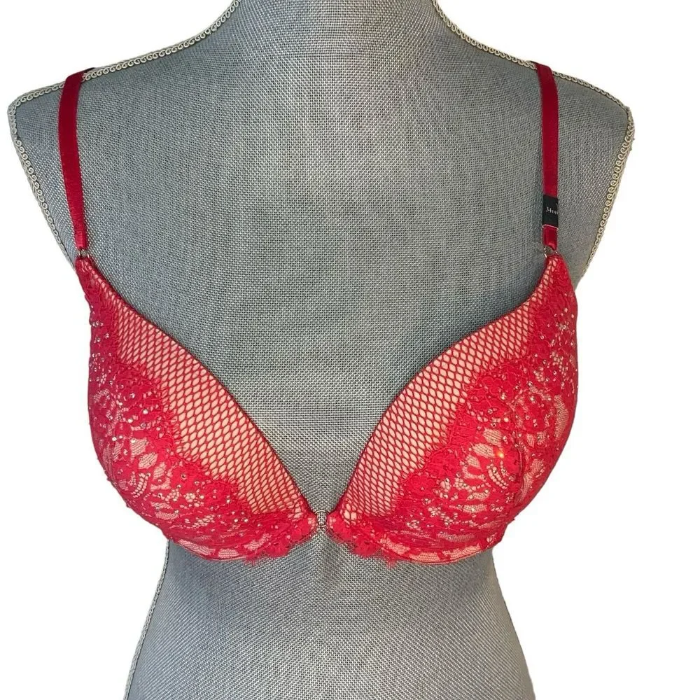 Victoria's Secret Very Sexy Hot Pink Push Up 34DD Bra Fishnet‎ Lace Bling READ